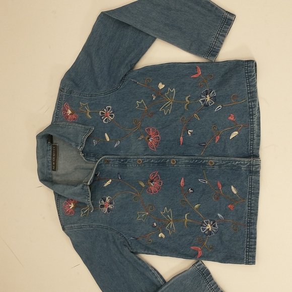 Embroidered Denim Shirt Jacket Vintage Floral Shacket 80s / 90s Blue Jean Cotton - Picture 9 of 12